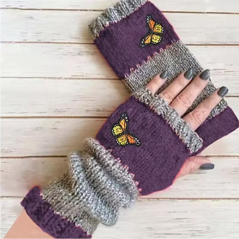 Knitted Fingerless Gloves For Women Warm Embroidered Patchwork_voghion.com