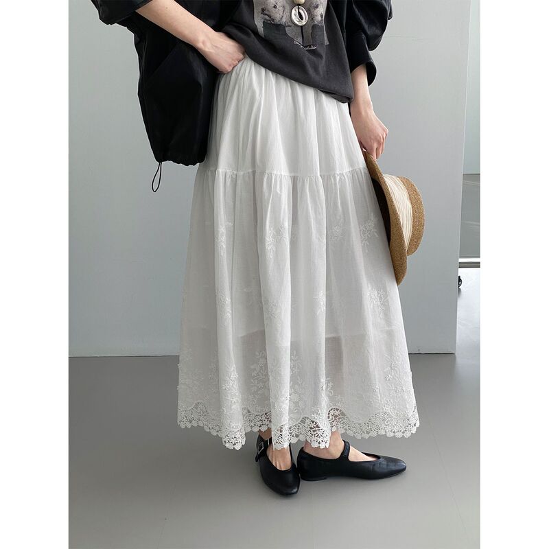 That Little White Dress That Makes Your Heart Flutter, Korean-Style Early Spring Gentle and Elegant Long Dress with Hollow Lace Splicing Skirt for Women J9905
