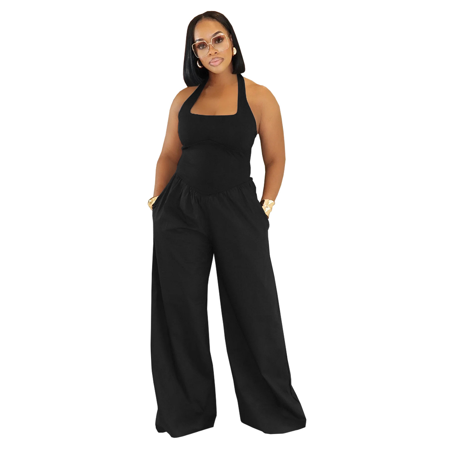 C7390 Cross-border AliExpress Amazon Ropa de mujer de moda europea y americana Mono de color sólido con cuello halter suelto casual