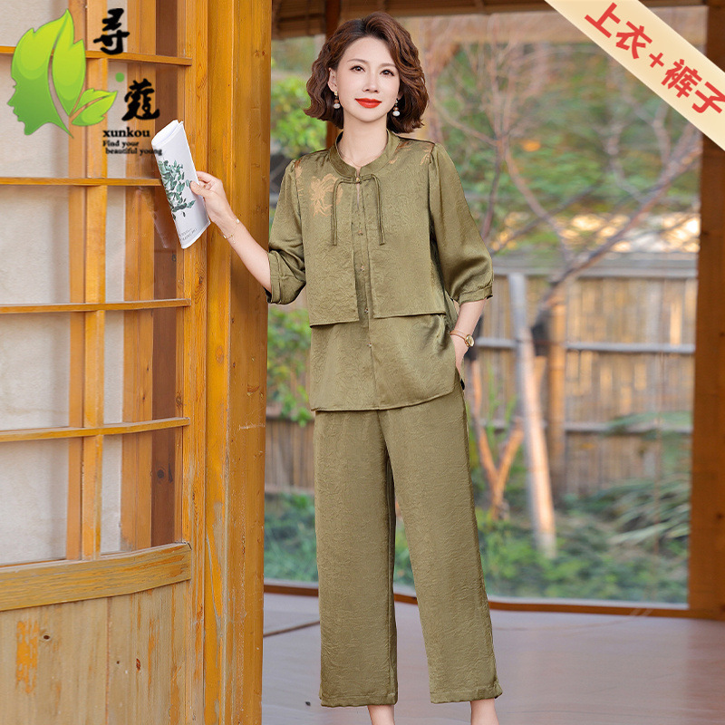 New Style Summer Clothes for Mothers, Fashionable Middle-Aged and Elderly Women's Summer Suits, Middle-Aged Clothes, Elastic Waist, Temperament Two-Piece Suits for Women