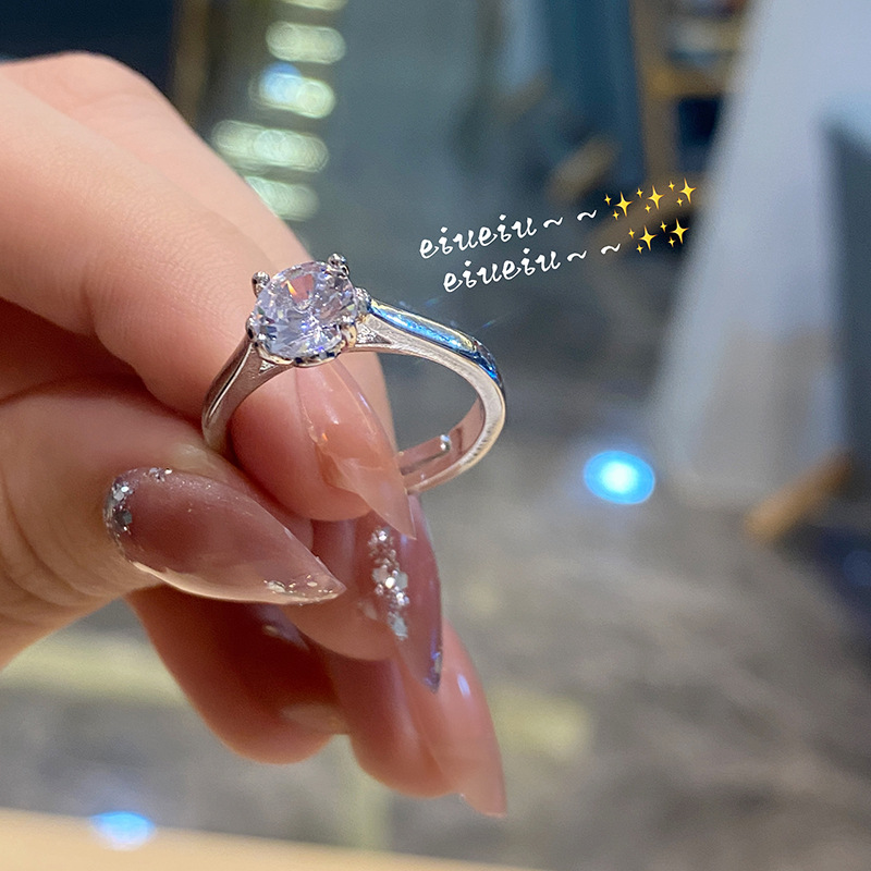Valentine's Day Fashion Six-Claw Inlaid Shiny Diamond Ring Light Luxury Temperament Proposal Women's Ring Anchor Same Style Ornament Accessories