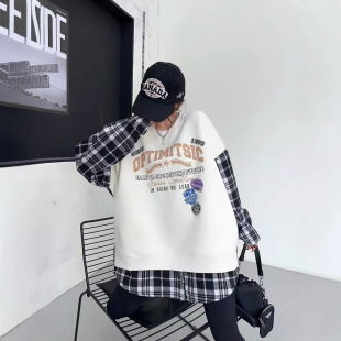 Autumn and Winter plus size Fashion Stitching Plaid Fake Two-piece Long-sleeved Sweat Women's Niche Design Sense Letter Printed Top Trendy