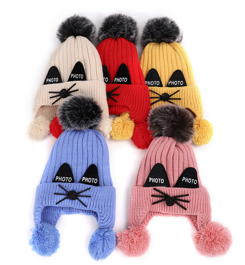 Children Unisex Cute Cat Pom Poms Wool Cap display picture 1