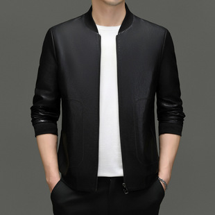 Autumn and winter New imitation leather men's PU leather jacket thin Haining fleece-lined baseball collar men's casual jacket