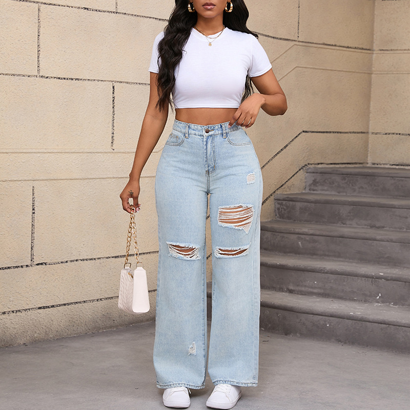 Jeans de Pierna Ancha para Mujer de Mezclilla de Algodón, Con Rasgados, De Alta Elasticidad