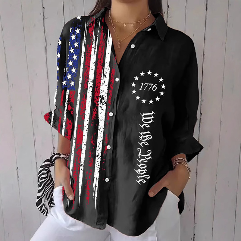 Shein Cross-Border Amazon European and American Independent Station Spring & Fall Independence Day Flag Printed Shirt New Hot Style 372