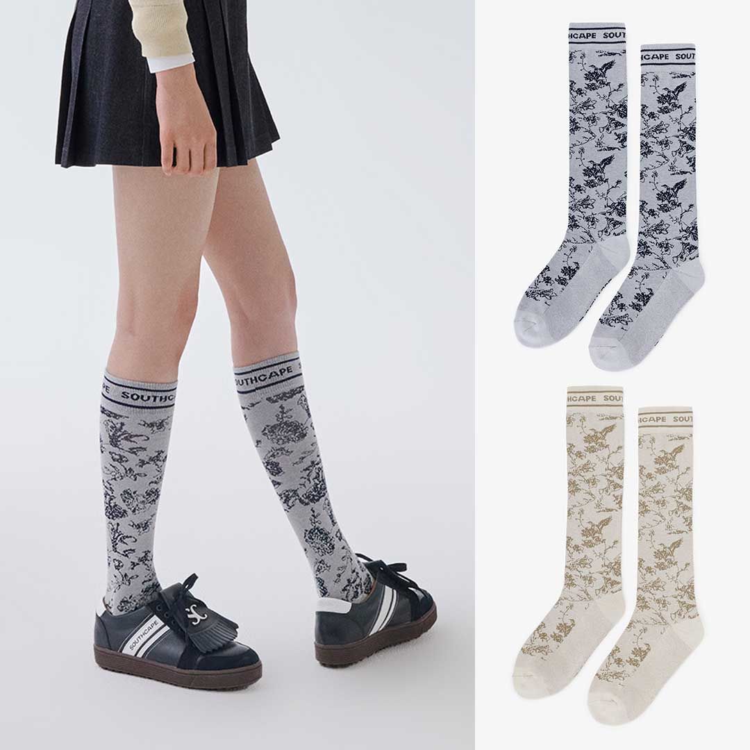 25 New Korean Style Golf Socks for Women with Plant Print, Long Tube Sports Elastic Breathable Anti-Odor Versatile Long Socks