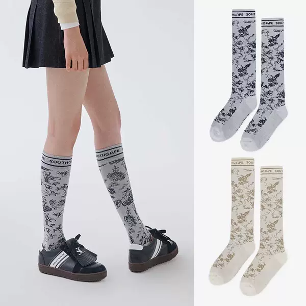 25 New Korean Style Golf Socks for Women with Plant Print, Long Tube Sports Elastic Breathable Anti-Odor Versatile Long Socks