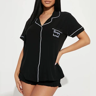跨境睡衣女款夏基础款翻领短袖短裤两件套装女士家居服nightwear