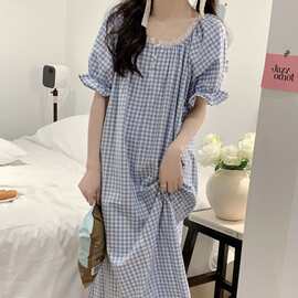 韩国ins小清新棉睡裙女夏季短袖甜美蕾丝花边睡衣家居服