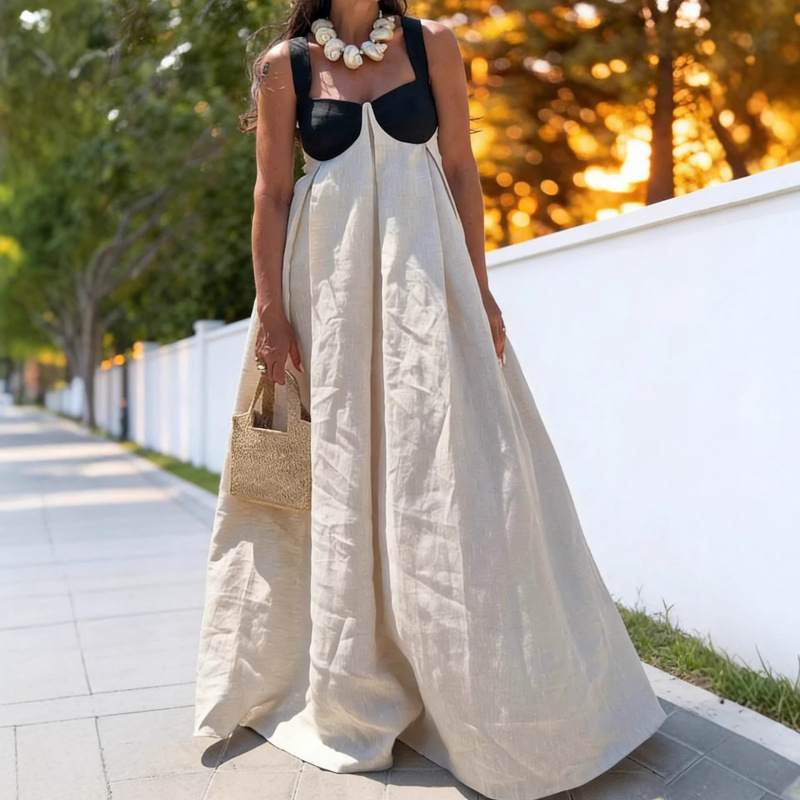 Cross-Border Amazon European Goods Seaside Resort Style Color-Blocked Cotton and Linen Long Dress for Women, New Summer Slimming Dress Cross-Border Amazon European Goods Seaside Resort Style Color-Blocked Cotton and Linen Long Dress for Women, New Summer Slimming Dress