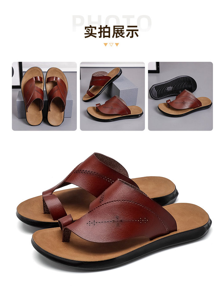 Dép xỏ ngón nam cỡ lớn đế bằng chất liệu da PU, kiểu đi biển thoáng khí — Vàng nâu, màu đen, Đỏ nâu chi tiết 14