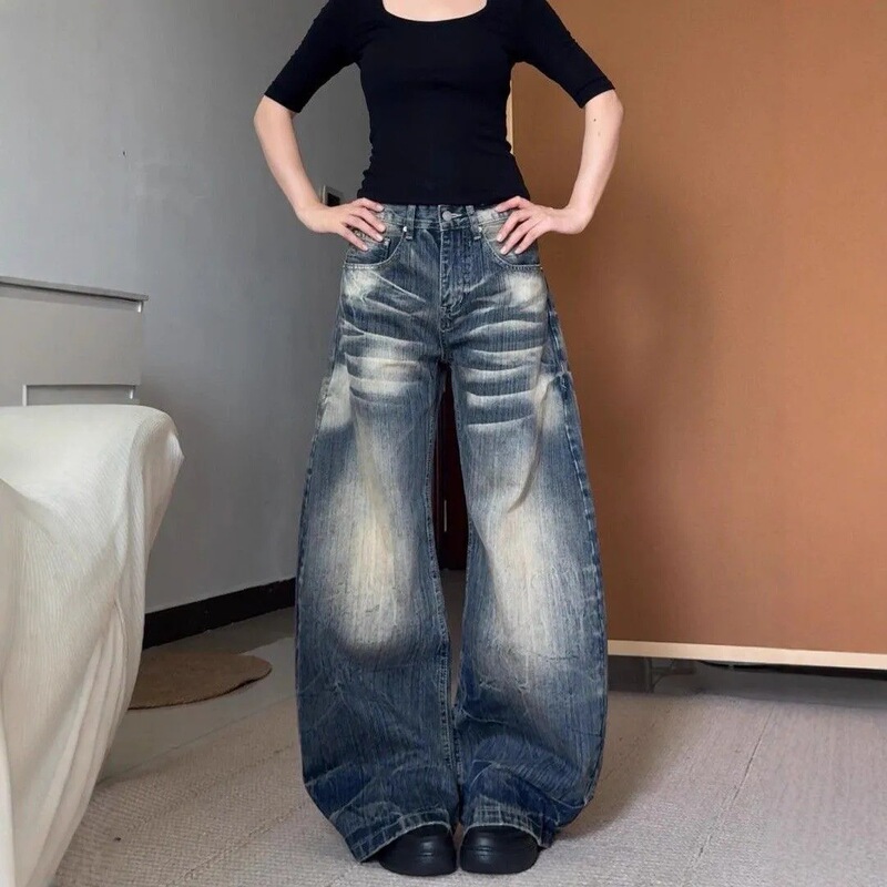 American-Style Vintage Bamboo Texture Wide-Leg Curved Jeans for Women, New Spring High-Street Washed Versatile Slimming Floor-Length Pants