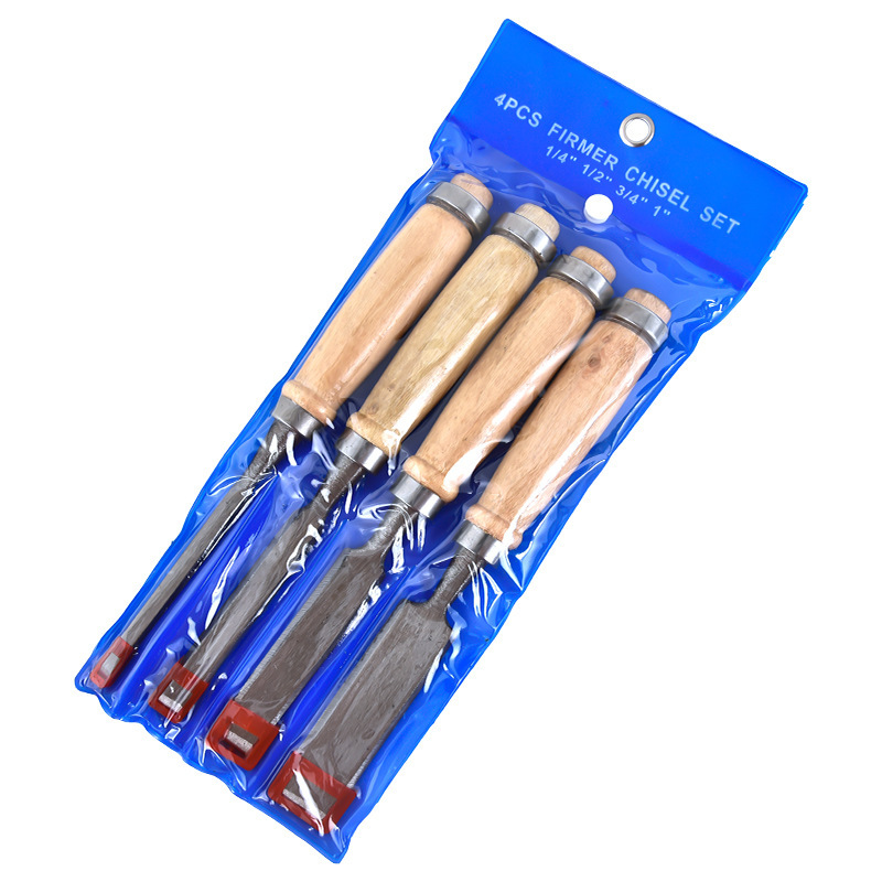 大工ノミクロムバナジウム鋼ケヤキ柄手切りフラットカッター平切り4PCSセット大工道具セットクロスボーダー|undefined