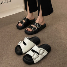 厚底皮带扣一字凉拖鞋女外穿2023夏季新款韩版方头时尚纯色沙滩鞋