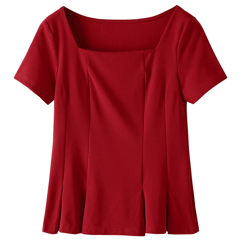 Camiseta de mangas cortas para mujeres 2024 verano nuevo estilo de mujer retro cuello cuadrado camisa de algodón de color sólido sombrilla giratoria cintura superior francesa image 5