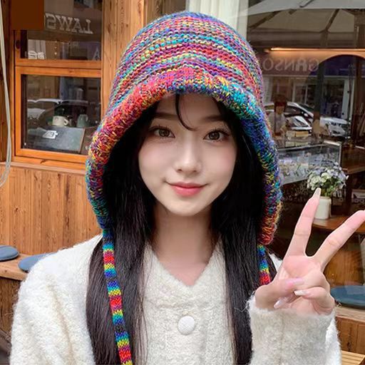 彩虹渐变毛线帽子女冬显脸小民族风绑带包头针织帽保暖护耳大头围|undefined
