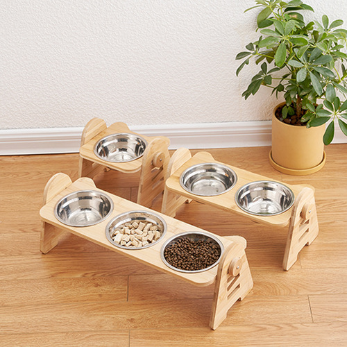 Pet Ceramic Bowl with Double Bowls, Slanting Edge for Neck Protection, Cat Food Bowl, Anti-Toppling Pet Dog Bowl with Adjustable Bamboo Wood Stand