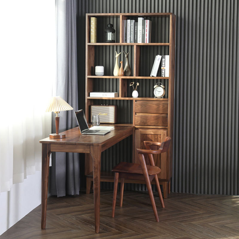 Nordic solid wood corner desk bookshelf integrated desk combination corner computer desk l-shaped corner black walnut