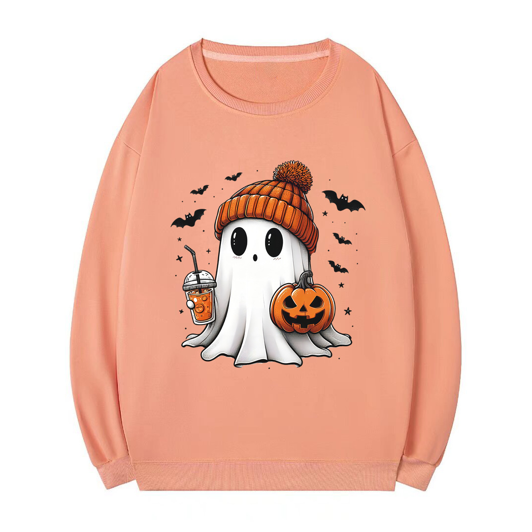 Women's Clothing Round Neck Halloween Sweater Ghost Pumpkin Bat Loose Large Size Terry Sweater Spot_voghion.com