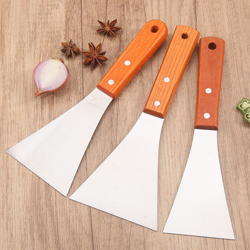 Cross-border stainless steel iron plate barbecue straight shovel steak frying shovel wooden handle multi-use elastic cooking cleaning shovel tool suit