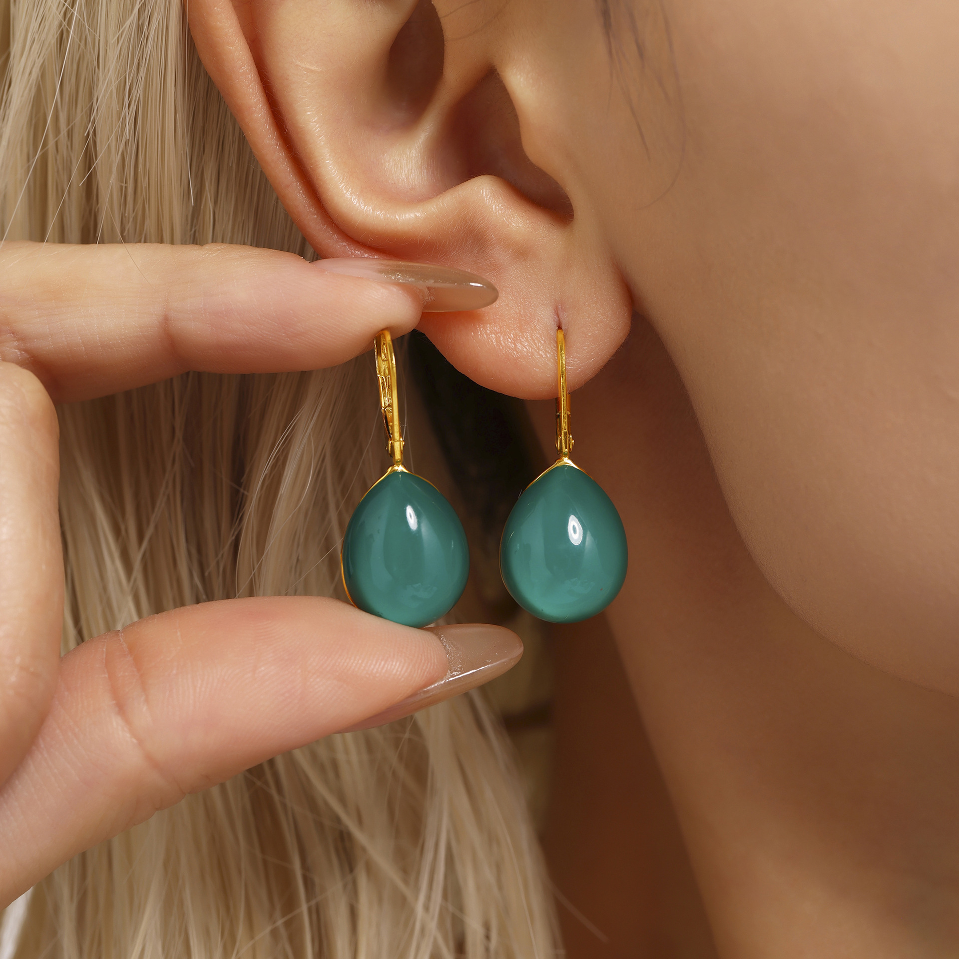 Square Candy Multi-color Droplet Shaped Resin Pendant, Pull-out Sweater Necklace, Ring, Earring, Stainless Steel Set For Women_voghion.com