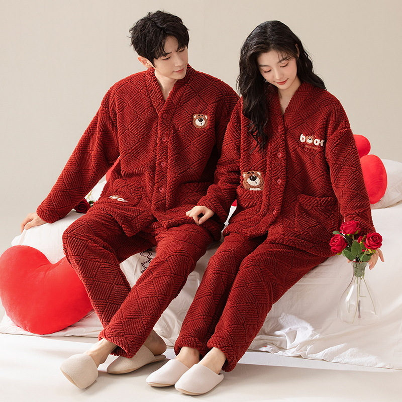 Coral rojo fleece boda pareja pijamas recién casados traje hombres engrosada Otoño e Invierno franela roja desgaste del hogar de Las Mujeres