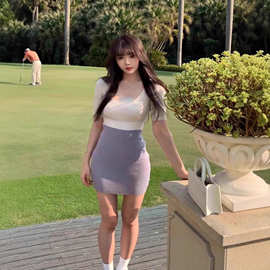 纯欲风方领短袖撞色针织连衣裙女夏小个子性感紧身收腰包臀短裙子