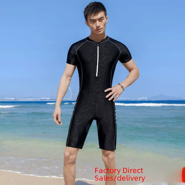 Men's One-Piece Swimsuit, Short-Sleeved, Five-Quarter Pants, Sun Protection, Large Size Training, Professional Competitive Swimwear, Youth Custom-Made Tights
