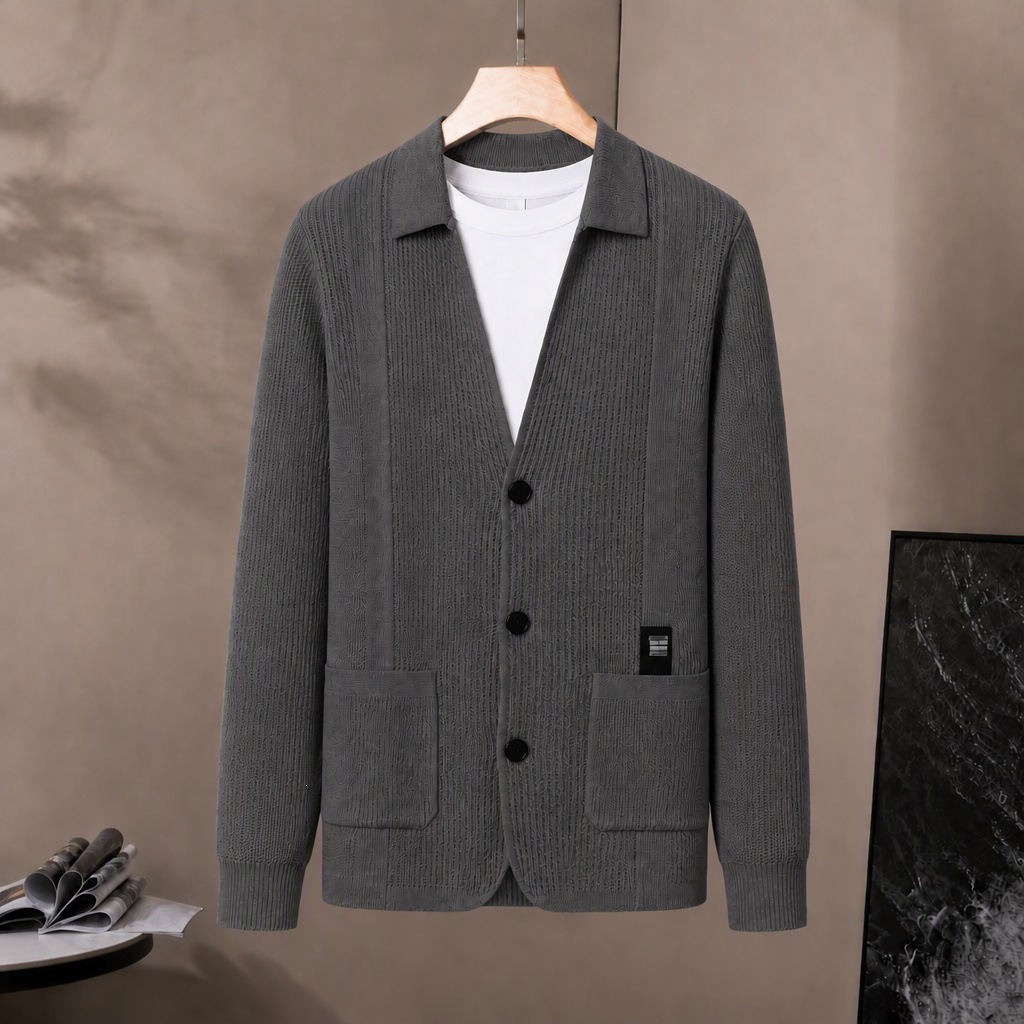 2026 Autumn Men's Knitted Cardigan Sweater, Spring and Autumn Business Casual High-End Men's Lapel Base Shirt Jacket Slim Fit
