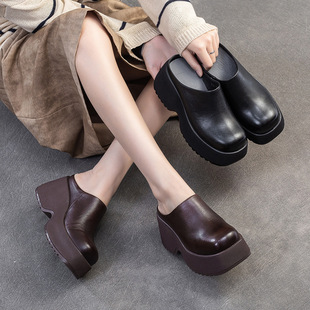 Shanghai Jiejie 2025 Spring New Thick-soled Lazy Men's Baotou Outwear Slippers Retro Height-increasing Simple Solid Color Women's Shoes