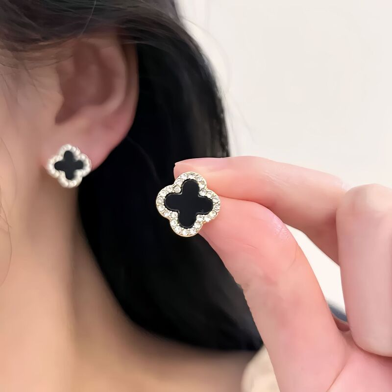 S925纯银黑玛瑙四叶草耳钉女韩版气质时尚百搭高级甜美幸运草耳坠|undefined