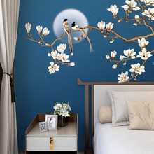 新中式背景墙壁画 玉兰花鸟壁纸客厅卧室床头写意墙布无纺布墙纸