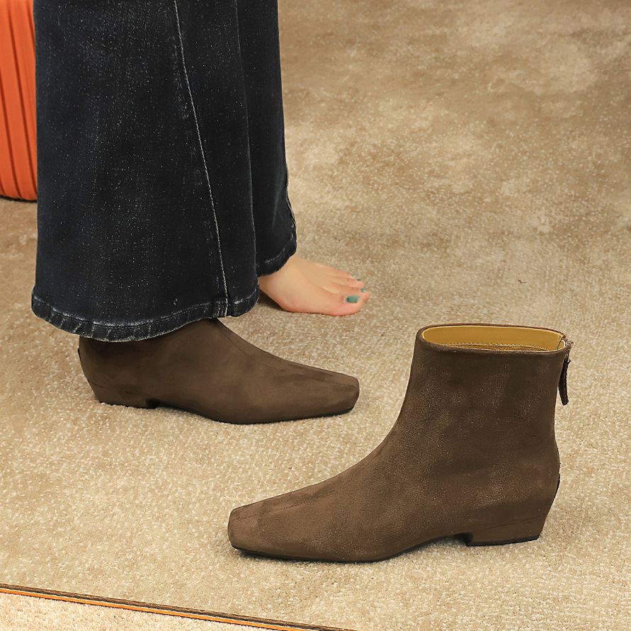 937-1 Korean Retro Style Chunky Heel Martin Ankle With Back Zipper, Suede Square Toe Single Boots, Fashion Short Boots_vogvips.com