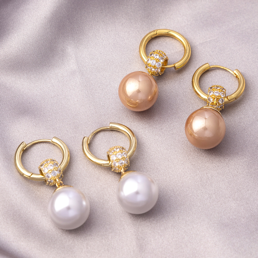 Brincos de pérola para mulheres, estilo francês, leves, luxuosos, com design sofisticado e elegante, com fecho de pressão e zircônias banhadas a ouro verdadeiro._voghion.com