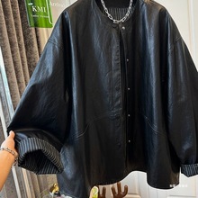 大码黑色皮衣外套女2025新款秋季胖宽松洋气圆领皮夹克上衣