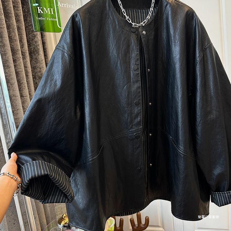 大码黑色皮衣外套女2025新款秋季胖宽松洋气圆领皮夹克上衣