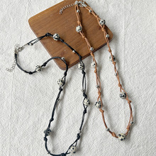 韩国东大门新款黑色编织绳串珠项链女小众轻奢高级感叠戴锁骨链女