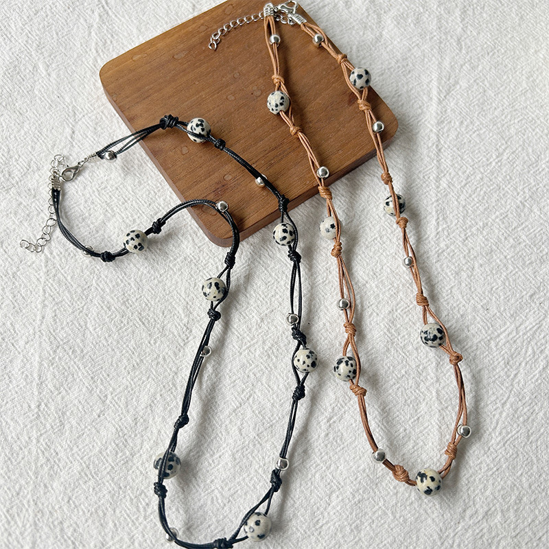 韩国东大门新款黑色编织绳串珠项链女小众轻奢高级感叠戴锁骨链女