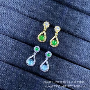 Factory direct s925 sterling silver inlaid natural jade dangerous material blue water yang green egg surface zircon fashion round earrings