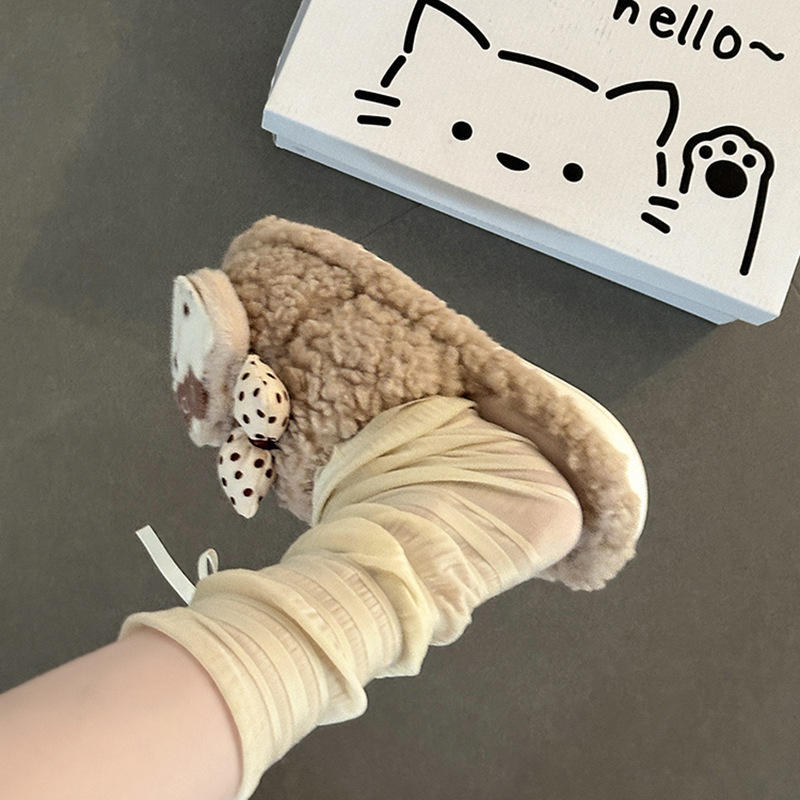 蝴蝶结kt猫平底毛毛拖鞋女秋冬季可爱卡通露趾休闲一字毛绒棉拖鞋|undefined