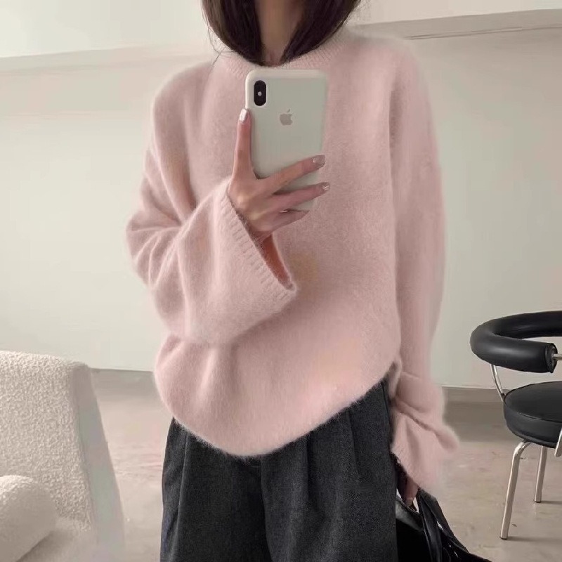 Velvet demi-season knitted sweater with a round collar
