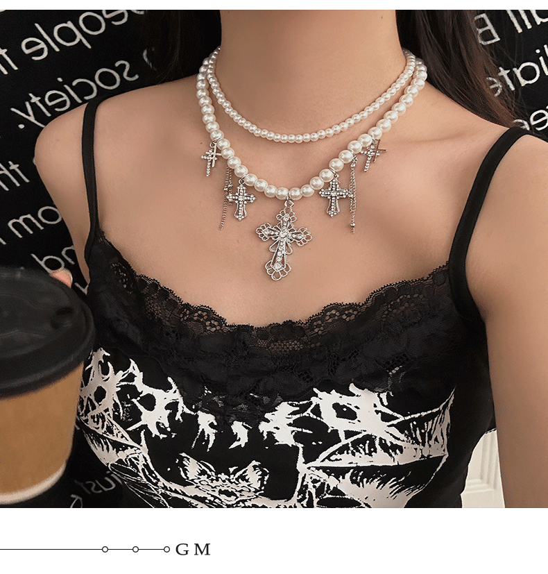 60g Weight Alloy Pendant Material Layered Necklaces Classification Punk Round Imitation Pearl Alloy Beaded Chain Beaded Necklaces Wholesale