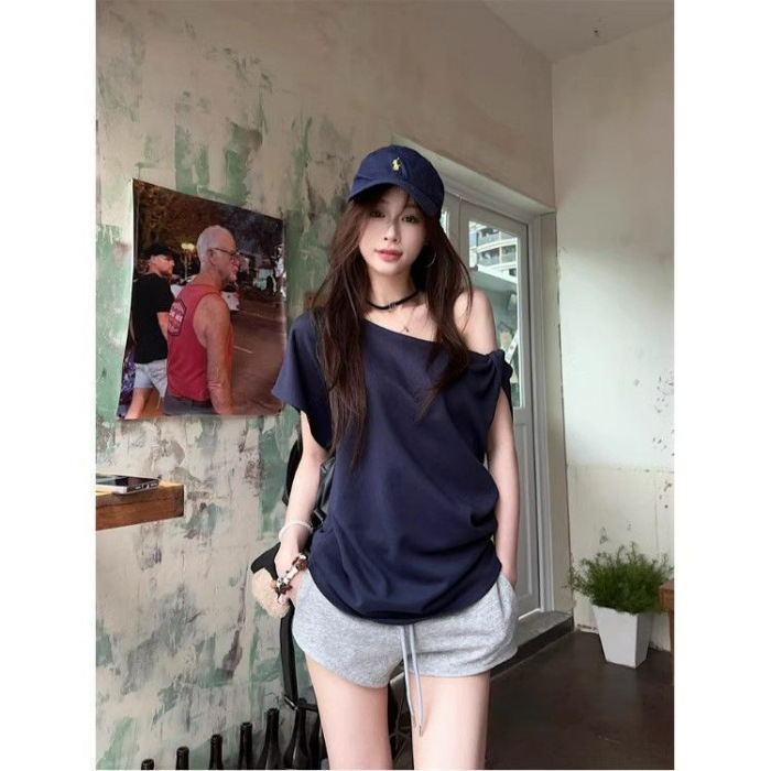 ツイストデザインスラントカラーオフショルダー半袖Tシャツレディースルーズアメリカンホットガールスリムトップ|undefined