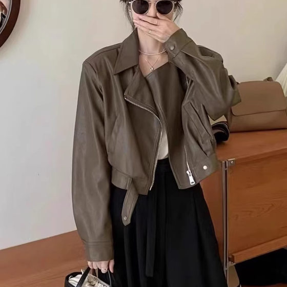Vintage PU Leather Coat Women's 2024 Spring Short Fashionable All-match Slimming Biker Leather Short Jacket Top
