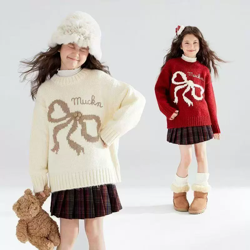 儿童甜美蝴蝶结新年套头圆领毛衣中大童软糯慵懒风针织衫上衣童装