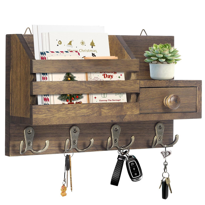 Amazon Wooden Wall Shelf Key Holder Storage Rack Wall-Mounted Entryway Double Hook Storage Rack