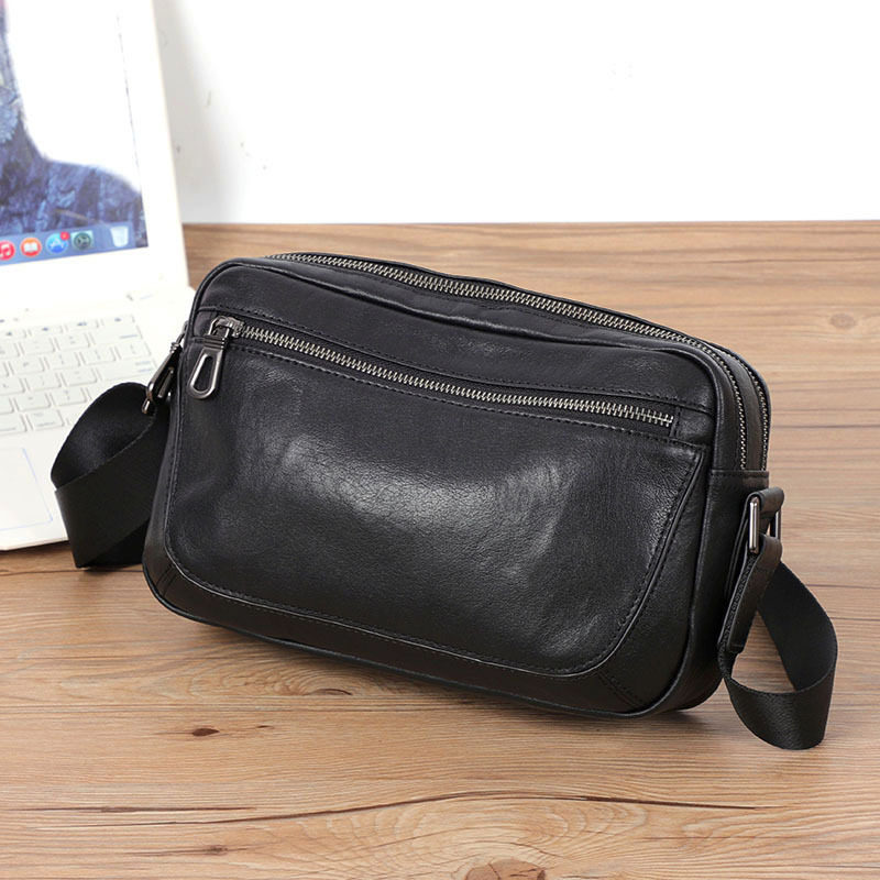 Túi đeo chéo nam da bò lớp đầu, túi đeo vai nhỏ đựng máy tính bảng 8 inch — Màu đen