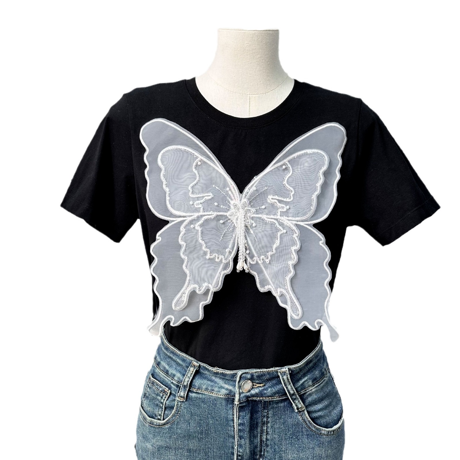 Verano nuevo tres capas de ergena sexy encaje mariposa decoración tela pegada vestido de mujer pijama accesorios de decoración