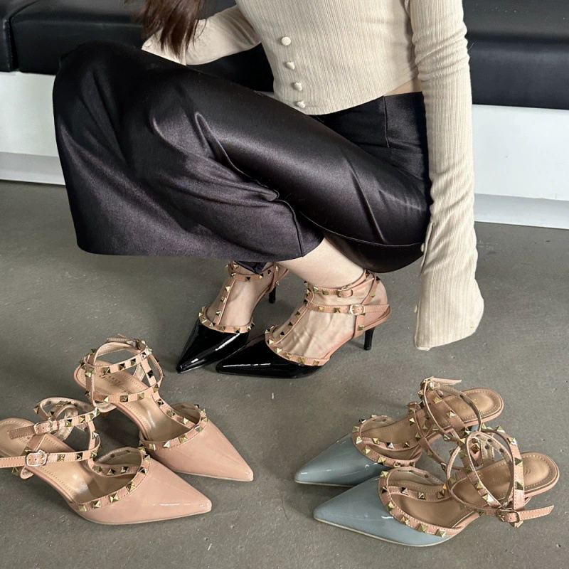 Заклепка на высоком каблуке женский 2024 Новый острый каблук тонкий синий ивовый гвоздь не устал